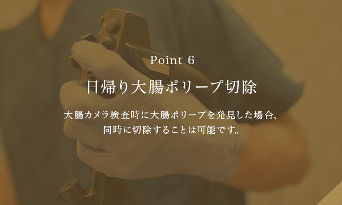 日帰り大腸ポリープ切除 大腸カメラ検査時に大腸ポリープを発見した場合、
同時に切除することは可能です。